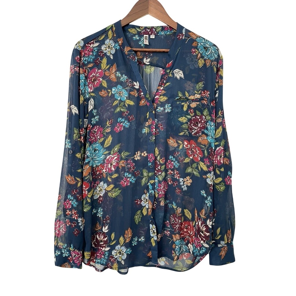 KUT From The Kloth Blouse XL Floral Sheer Tunic Button Front Roll Tab Sleeve
